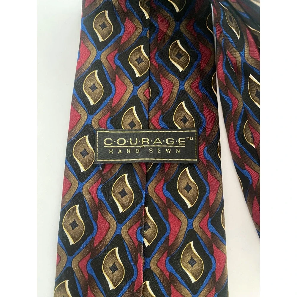 Courage Mens Silk Tie Hand Sewn Geometric Diamond Burgundy Navy Blue Gold 4 Inch